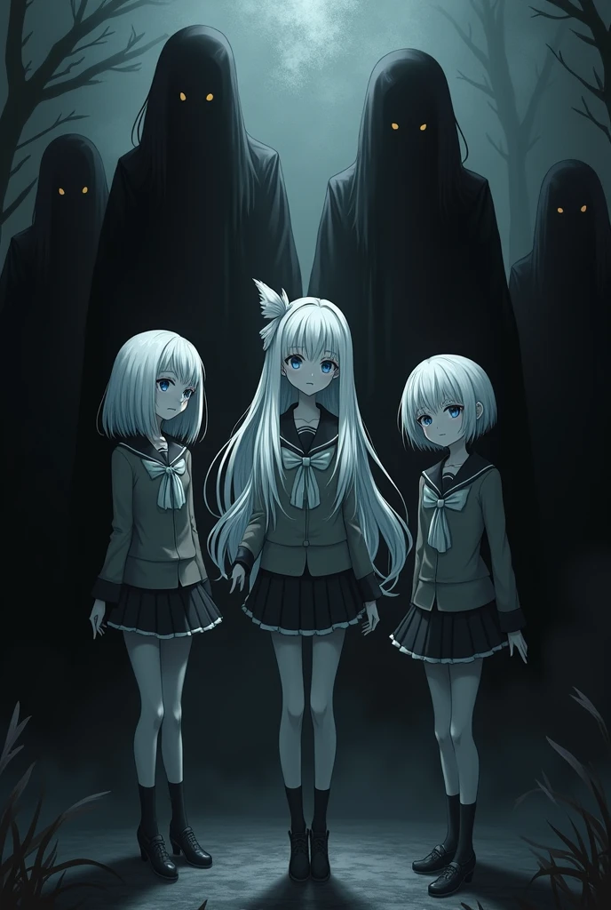 Make me a cover, black background, "with humanoid black shadows around", three girls in the middle, teenagers in school uniform, all three with white hair, different hairstyles, A girl with a bow , mysterious atmosphere 