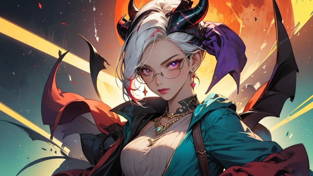 8k, masterpiece, best quality, highly detailed, 1 girl, tiefling, warlock, pixie cut, multicolored hair, very short straight hair red highlight hair on white hair, strippled hair, wearing glasses, round glasses, earrings, navel piercing, red eyeshadow, long eyelashes, blushed cheek, red lips, pearl necklace, rings, collarbone, mole on face, glamorous, teal and purple clothes, miniskirt, smirk, close up view, rings, looking at viewer, demon horns, solo, blood red moon, standing, royal dress, chains, firing fire blast
