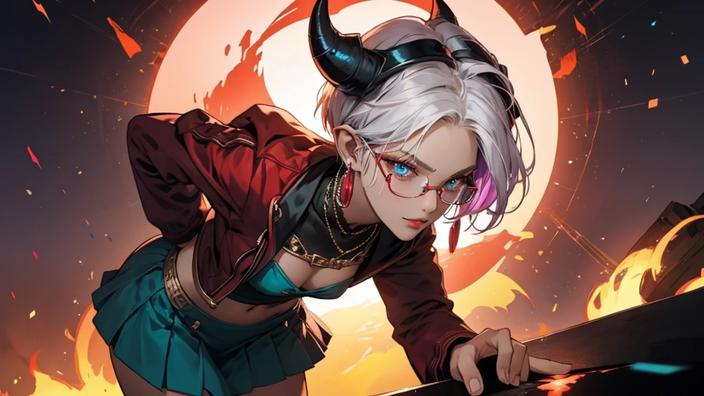 8k, masterpiece, best quality, highly detailed, 1 girl, tiefling, warlock, pixie cut, multicolored hair, very short straight hair red highlight hair on white hair, strippled hair, wearing glasses, round glasses, earrings, navel piercing, red eyeshadow, long eyelashes, blushed cheek, red lips, pearl necklace, rings, collarbone, mole on face, glamorous, teal and purple clothes, miniskirt, smirk, close up view, rings, looking at viewer, demon horns, solo, blood red moon, standing, royal dress, chains, firing fire blast