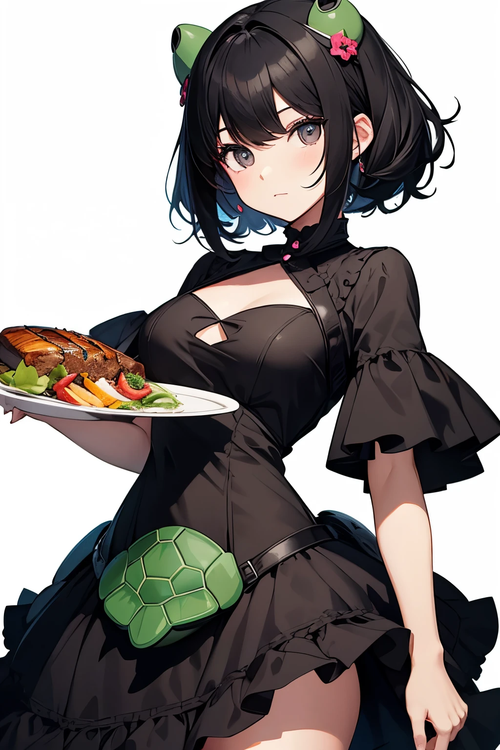 A black-haired girl in a turtle-shaped dress holding a steak plate, white background.