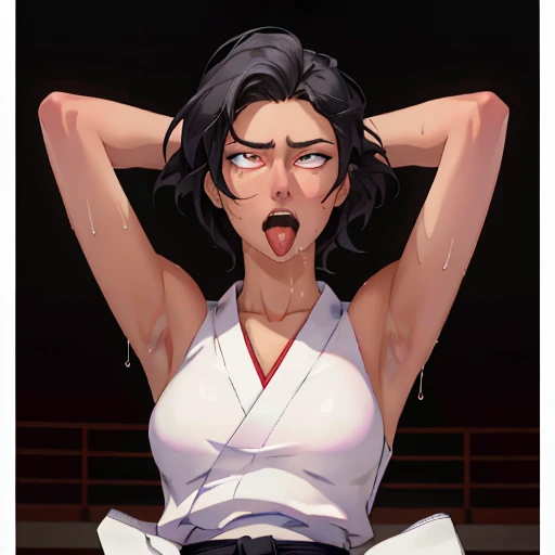((((masterpiece, best quality, high resolution)))), Extremely detailed 8K, 1 female, wearing a white Karate gi, (??????),white eyes, Small ???????, sash, japanese clothes,  ????????????,No eyeballs, Facing the audience, looking at the audience, tired, from below, (Exposed armpit:1.1), ((armpit:1.2)), ????, Sweating, More and more sweat,(??????), (Roll your eyes),  open mouth, Sticking out tongue, saliva, Slobber,Skinny, raise arms, (arms above head:1.5)(Ultra HD, Ultra-detailed, Highly detailed, Highly realistic, Ultra-realistic, photograph realistic), (1girl:1.5), (Realistic black hair), (dynamic poses), facing at camera, looking at viewer, (slightly serious face), (perky ???????:1.2), (beautiful detailed face, beautiful detailed eyes), ((worn out karate gi)), (preparing for a fight), sweat, glow, (sunbeam, sunlight), ((cowboy shot)), inside a training gym, seductive, EnvyBetterHands LoCon,