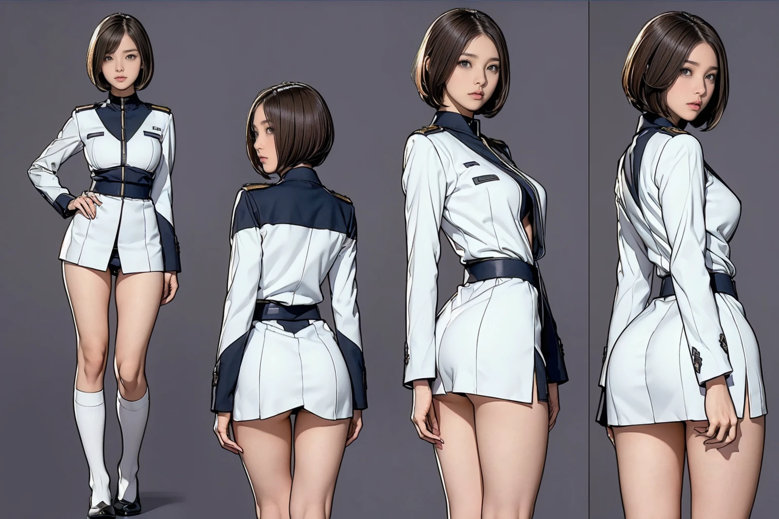 ((masterpiece)),(((Highest quality))),((Reference Sheet, Character Design, front, Rear view, Side view, Facial Expressions, Large Breasts, Bobcut)), 14-year-old girl, Cute type, (Very slim:1.4), (Very small ass:1.4), Realistic buttocks, Big Breasts, Thin thighs, Long legs, (A female Earth Federation officer is walking), (Wearing Earth Federation military uniform, White and gray uniform),(To NFSW:1.5)