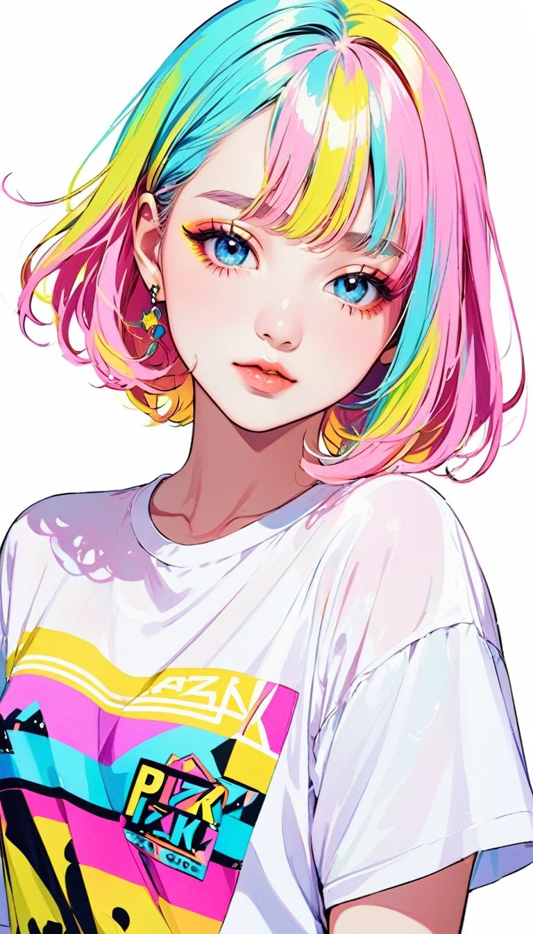 (Highest quality:1.2, City Pop Style, Very detailed, up to date, Vibrant, High Contrast, masterpiece:1.2, Highest quality, Best aesthetics), Gal, ((Face Up Shot:1.4)), Neon Color Hair, Braid, Droopy eyes, Bob Style, pastel colour, White shirt, 1980s style, ((Retro, Vintage, Plain background)) Mika Pikazo&#39;s Colorful Style, Abstract art，(((The most beautiful girl of all time))), Cute Face. Lips in Love, Colorful Hearts, Stylish design,