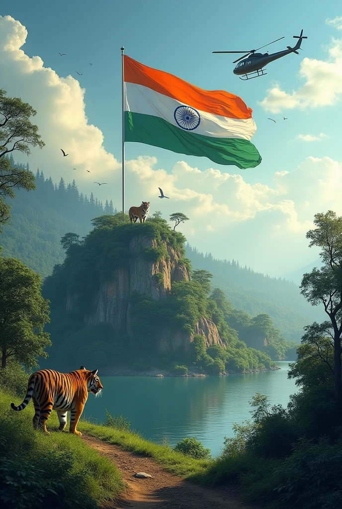 Beautiful Indian flag top of beautiful hill with milatary helicopter surrounded by beautiful lake beside tigers moving in the sky the name displaying as Veerababu .