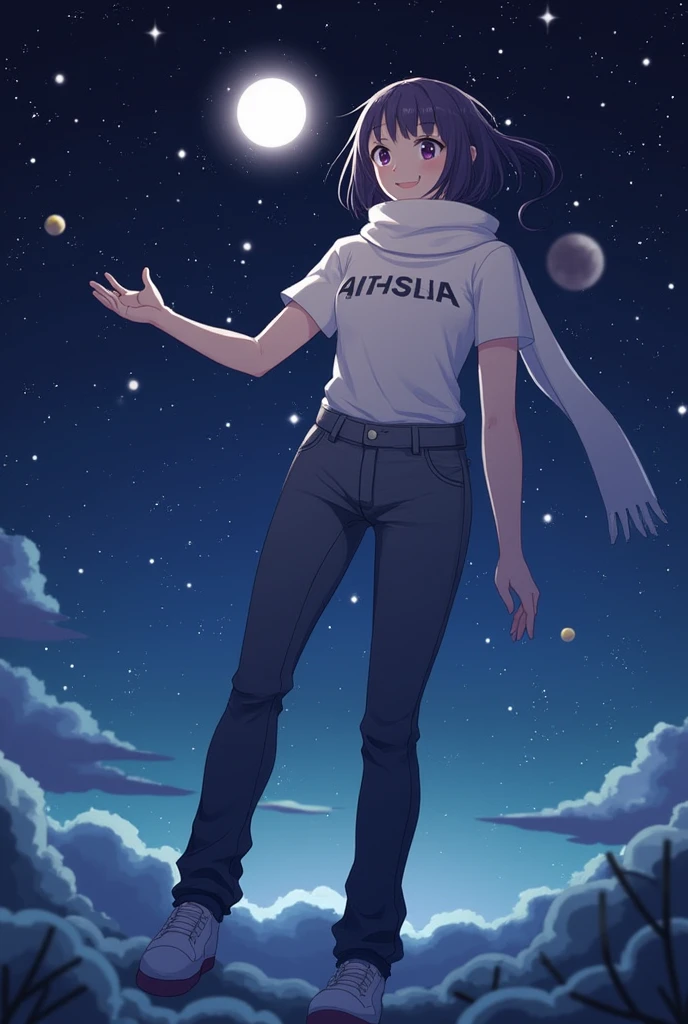 Highest quality, High resolution, Clear image, Concept Art, Night Sky, performer, moon, girl, smile, hair, eye, mouth, hand, feet, clothing, jeans, T-Shirts, scarf, Have, space, spaceship, spacesuit, astronaut, planet, Milky Way, beautiful, cute, comfortable, nature, dream-like, relaxed, Sparkling, cute