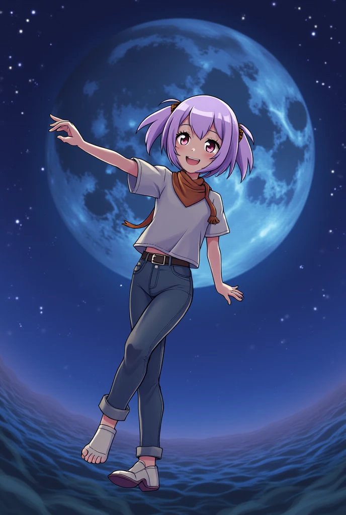 Highest quality, High resolution, Clear image, Concept Art, Night Sky, performer, moon, girl, smile, hair, eye, mouth, hand, feet, clothing, jeans, T-Shirts, scarf, Have, space, spaceship, spacesuit, astronaut, planet, Milky Way, beautiful, cute, comfortable, nature, dream-like, relaxed, Sparkling, cute