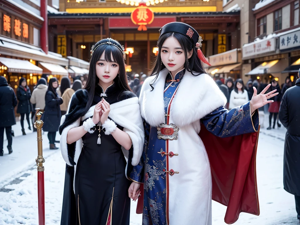 Chinese women in the 1920s、Chinese woman in dress、(((Manchuria)))、snow、fur cape、Watching the audience、(((department store)))、Fur coat。