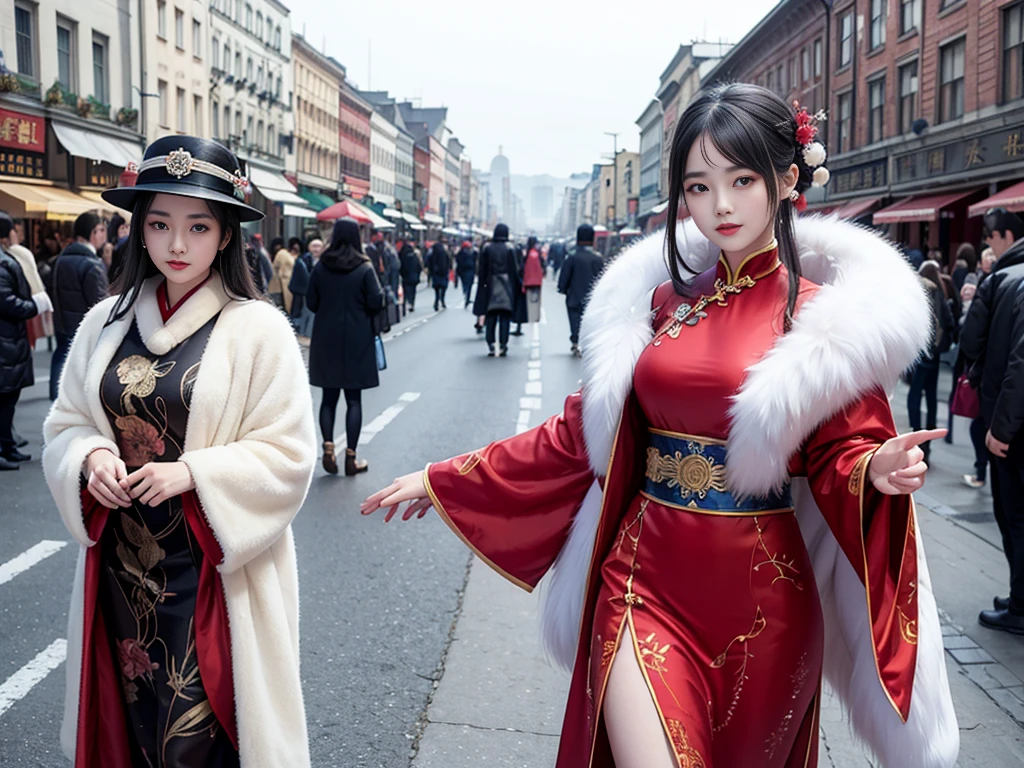 Chinese women in the 1920s、Chinese woman in dress、(((Manchuria)))、snow、fur cape、Watching the audience、(((department store)))、Fur coat。
