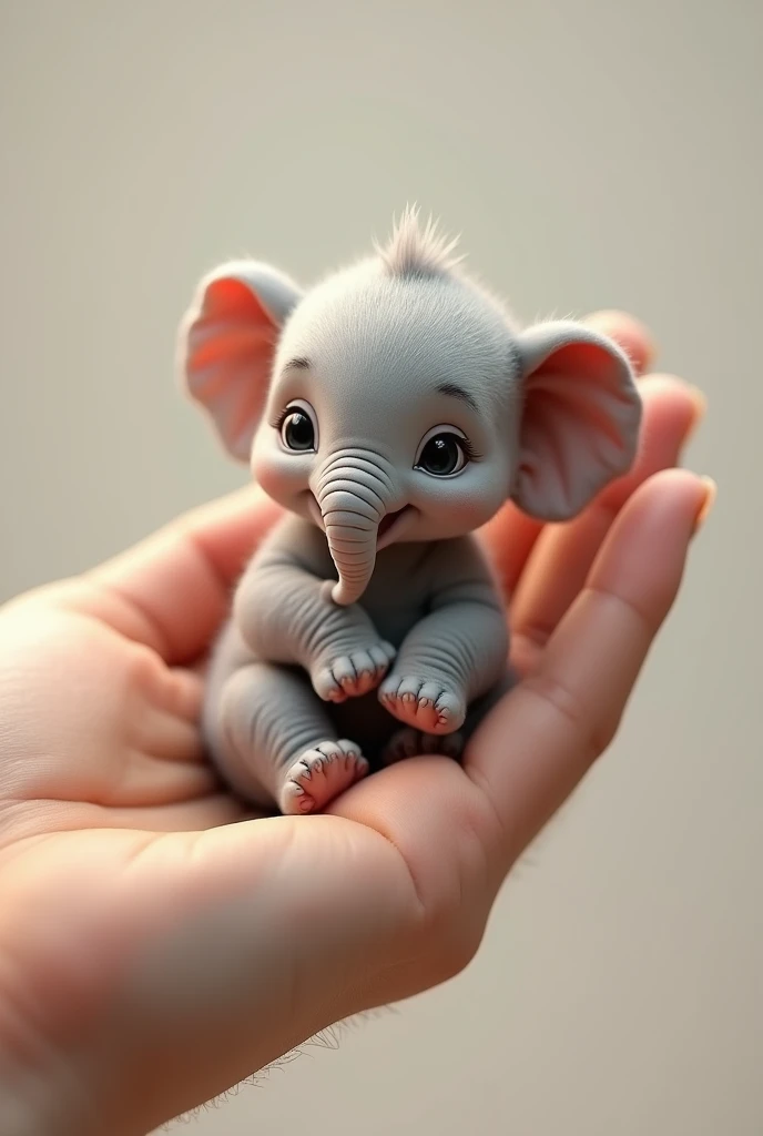 Create an adorable image of a newborn elephant begin gently held by a human fingers highlighting the tiny and delicate features of the baby elephant. The focus should be on the elephant's expressive eyes , cute trunk ,and soft , wrinkled skin. The image should convey a sense of tenderness and wonder, capturing the innocence and vulnerability of the young animal
