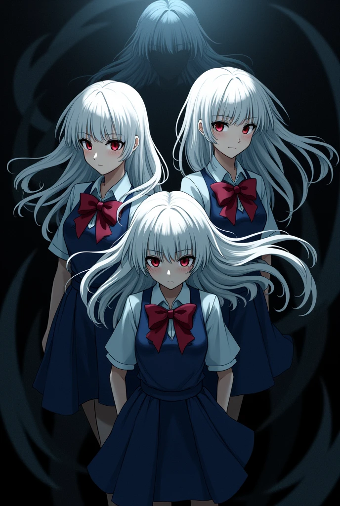 Make me a cover, black background, "with humanoid black shadows around", three girls in the middle, agers in school uniform, all three with white hair, different hairstyles, A girl with a bow , mysterious atmosphere