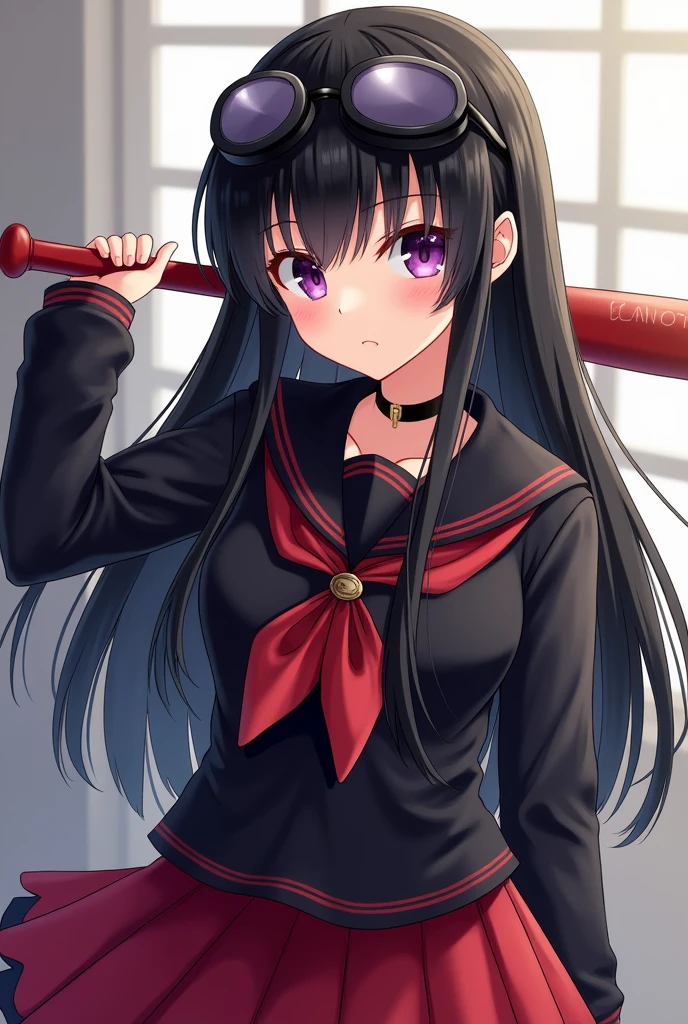 black long straight hair, bangs black red sailor school dress, fantasy, violet eye, semi anime, black goggle on head, baseball bat, fiest, badass