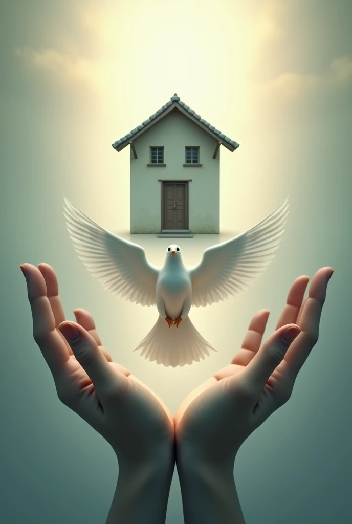 Normal house with one door and two windows, above some open hands and a dove with open wings