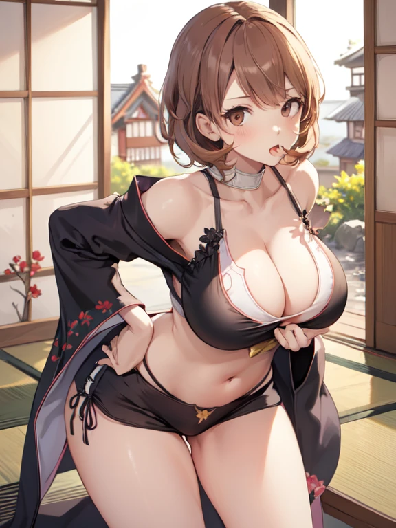 (masterpiece), 1girl, solo, standing in a japanese traditional house, cleavage, hanging breasts, leaning forward, wide hips, big and round ass, horny face, Thick thighs, cleavage cutout, looking at viewer, underwear only, white bra, hands on hips, big breasts