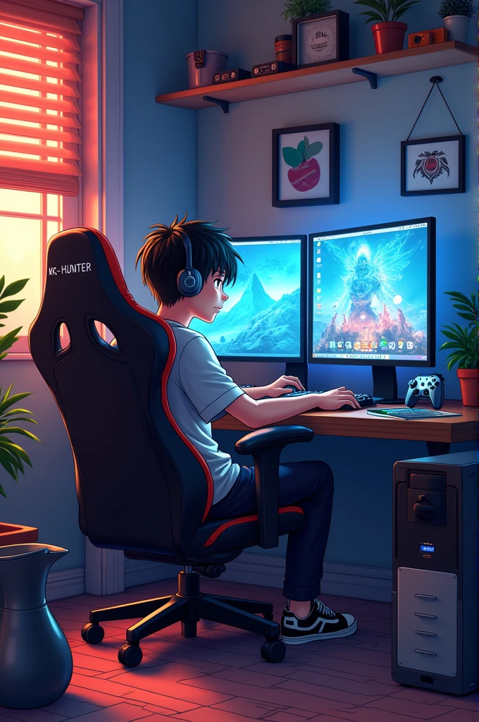"A cozy gaming room designed in an anime art style, featuring an 20-year-old anime boy sitting in a comfortable gaming chair. The room is filled with gaming gear like a headset, controllers, and a powerful gaming PC. "The name 'KR_HUNTER' is engraved on the upper part of the pitcher.". The room’s ambient lighting and colorful decor create a warm and inviting gaming environment."