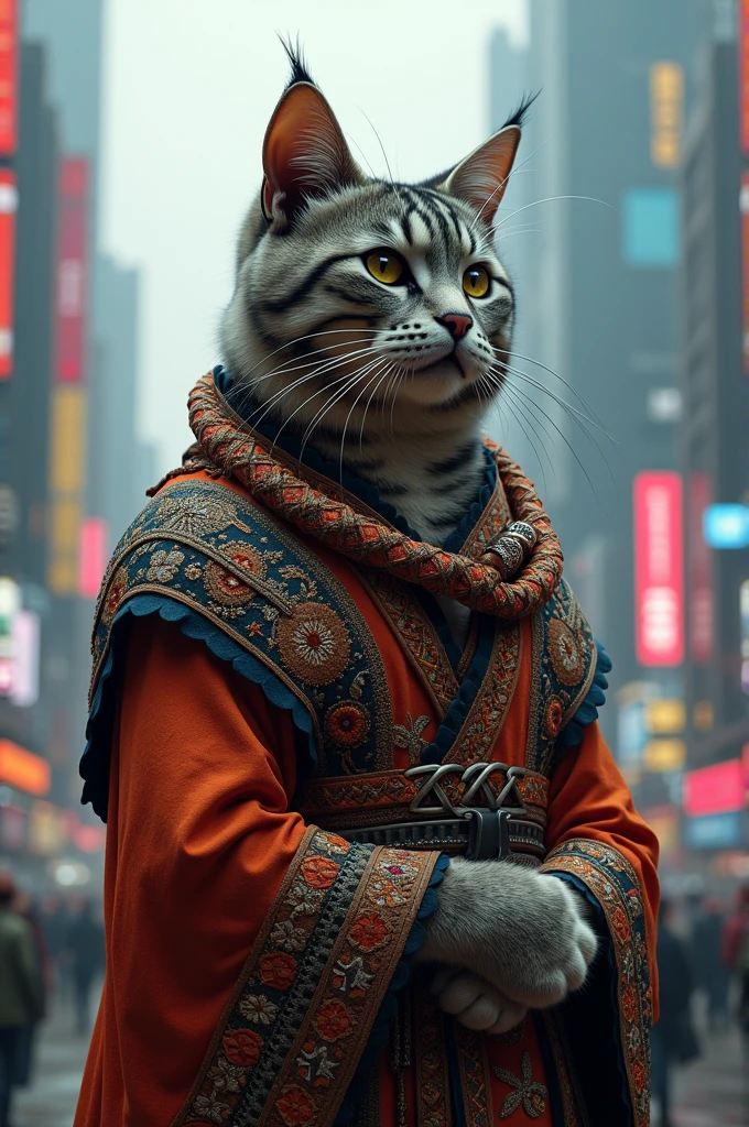Roman breed cat with gray spots, in traditional Peruvian attire, cyberpunk style, Whole body
