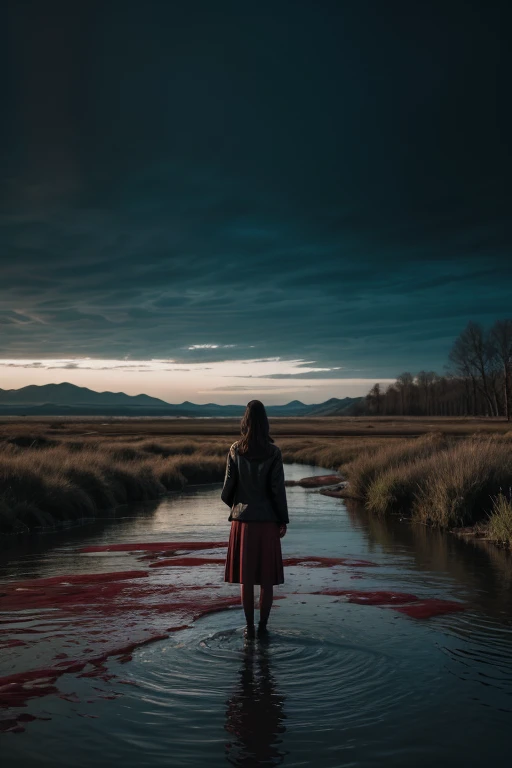 Create images of rivers of blood with a solitary woman in the distant background 