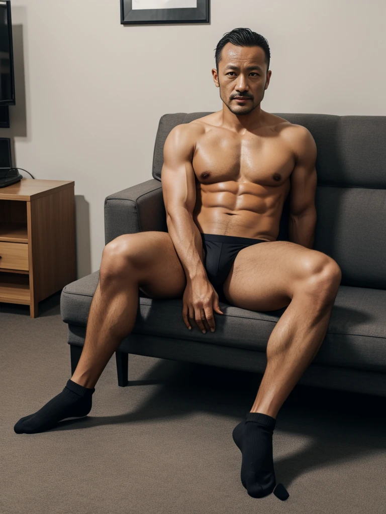 40 years old,Hidetoshi Nakata,(Kogoro Mori 1.3),whole body,Lean,muscle,office,grey socks,Suit,Feet raised,sofa,Baldhead ,transparent,Thick body hair,underwear,Topless,Densely hairy,Fortitude,HD,With a mustache