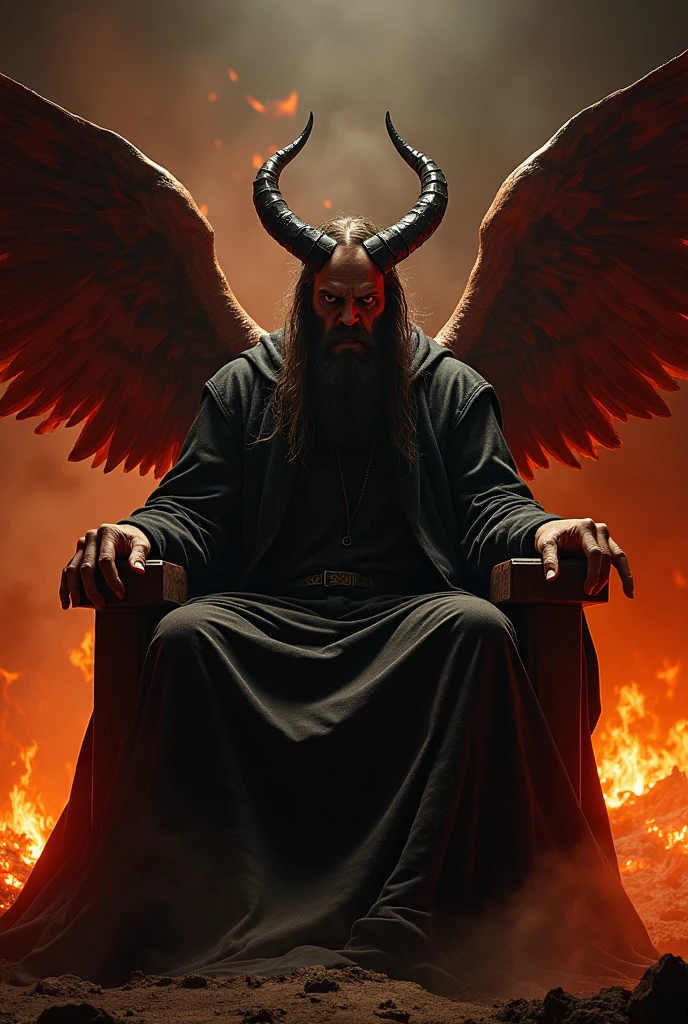 Create an image of Lucifer sitting on a dark throne in Hell. The scene is one of fire and darkness, with flames around. Lucifer has a bitter and furious expression, now transformed into Satan.