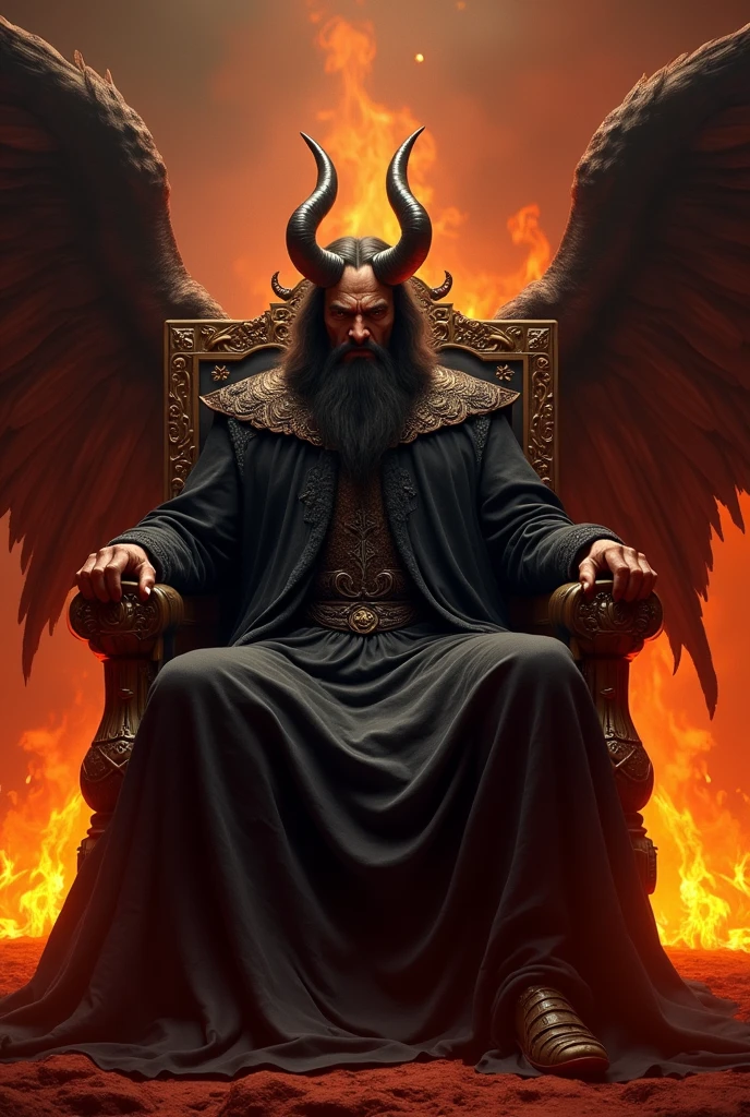 Create an image of Lucifer sitting on a dark throne in Hell. The scene is one of fire and darkness, with flames around. Lucifer has a bitter and furious expression, now transformed into Satan.
