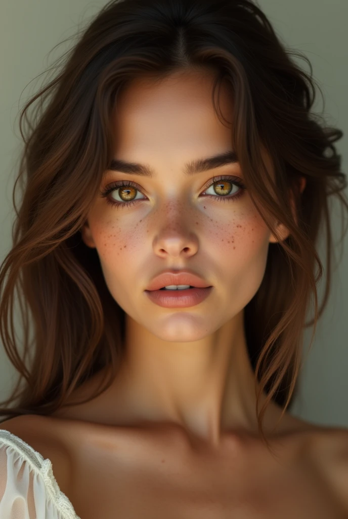  woman with brown hair, amber eyes, a mole on her left eye, golden complexion, small upturned nose, freckled, with full lips.