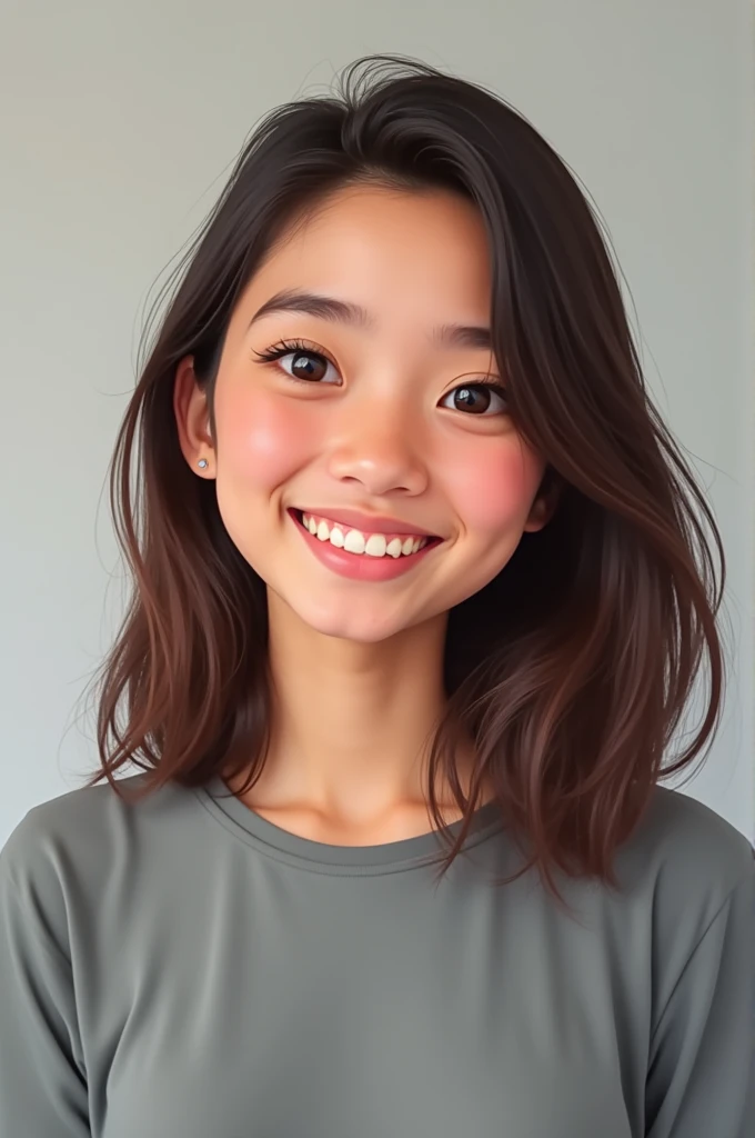 Make the face of a 20 year old person, that is smiling, with a gray shirt, straight hair,