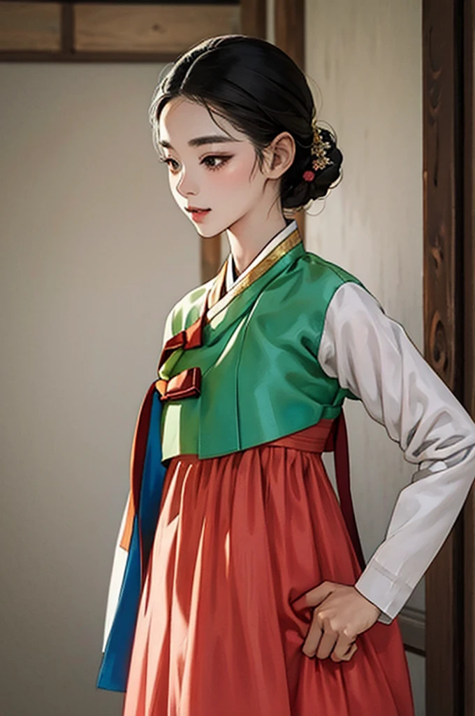 one person 16th century korean woman, hanbok, traditional korean clothing, portrait, upper body, sexy beauty, seductive, mature, sensual, Ink painting