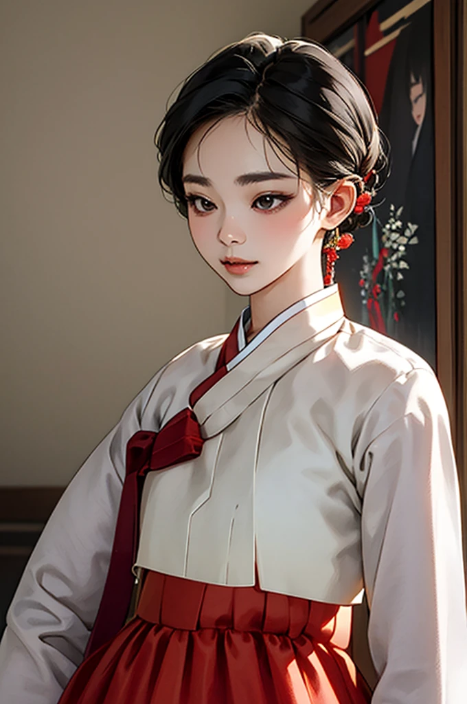 one person 16th century korean woman, hanbok, traditional korean clothing, portrait, upper body, sexy beauty, seductive, mature, sensual, Ink painting