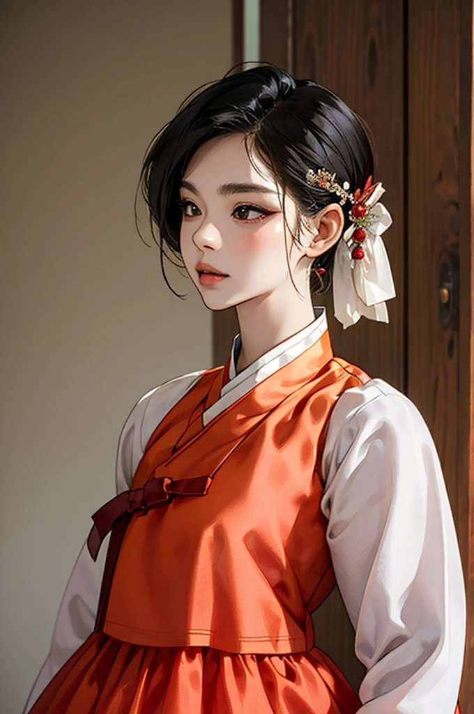 one person 16th century korean woman, hanbok, traditional korean clothing, portrait, upper body, sexy beauty, seductive, mature, sensual, Ink painting