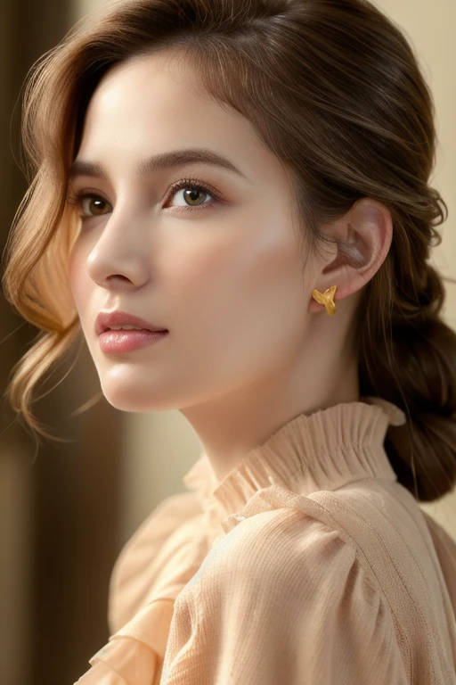 (masterpiece), (8K, realistic, RAW photo, best quality: 1.4), (1 woman),French Model (Loane Normand:1.4), age 45, feminine female,(an exceptionally beautiful face), (incredibly beautiful body), top-quality, masterpiece, high resolution, Photorealistic, highly detailed, true to life, detailed eyes ears face, detailed beautiful nude bare ears, (((no earrings))), life-like detailed beautiful brown eyes, beautiful detailed ((styled updo loose hair bun and wavy long black brown layered hair)), (((hair tucked behind ears))), extremely detailed skin, wrinkles, slight skin blemish, beautiful moist pink lips, perfect soft ear, hyper realistic dark brown eyes, sincere, confident, mesmerizing eyes facing down,(double eyelid) , (realistic face), ((fresh dewy skin texture), (moist lips)), professional natural makeup, translucent white skin, realistic eyes, beautiful delicate ear skin texture, (realistic skin), beautiful skin, attractive, cute face, ultra high resolution, extremely realistic, very detailed, golden ratio, full view whole body photograph,wearing ((neutral colors coordinate amber peach light brown colors, wearing on exterior layer a long frill lace trench coat,a pleated plaid mid-length skirt, a embroidered white cotton blouse underneath trench coat, nude tights, wearing long boots, couture fashion, thierry mugler, by Alesubtle)), background a cozy french cottage muted pastel colors on the walls and a large french antique double door that lets in natural diffused sunlight, Raw photography, flawless, professional lighting, woman's expression is calm thoughtful as she gazes slightly to the right side, overall mood is serene and nostalgic, shallow depth of field, high detail, elegant, pose: standing relax effortless ((Stand at angle turn towards right side, soft gaze, serene face eyes)), Realistic,sharp focus,(intricate:1.03),Hyper Real, sharp focus side body, (bare nude ears), award winning photography,same model in 2 scenes