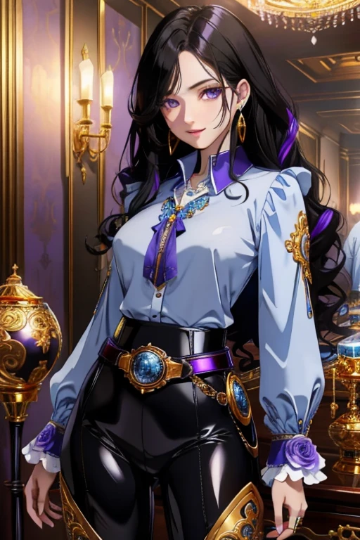 solo,woman,human female, 1girl,((black hair, long hair, curly hair)), (fair skin), young adult, slender body, Purple eyes, blue pupils, detailed hair, detailed face, detailed eyes, detailed sweater, grey sweater, sheathed, rapier, tight shirt, long sleeve shirt, full body, skin-tight pants, collar, flower accents on earrings, blue roses, flower earrings, button up shirt, necklace, gold trim collar, Purple highlights, grand fantasy hall,(masterpiece,high quality, hi res, 8k hd),close-view portrait, looking at viewer, night, indoor, standing, poose belt buckle, tight boots, full body