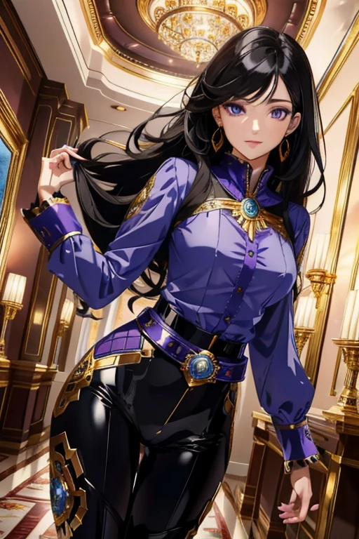 solo,woman,human female, 1girl,((black hair, long hair, curly hair)), (fair skin), young adult, slender body, Purple eyes, blue pupils, detailed hair, detailed face, detailed eyes, detailed sweater, grey sweater, sheathed, rapier, tight shirt, long sleeve shirt, full body, skin-tight pants, collar, flower accents on earrings, blue roses, flower earrings, button up shirt, necklace, gold trim collar, Purple highlights, grand fantasy hall,(masterpiece,high quality, hi res, 8k hd),close-view portrait, looking at viewer, night, indoor, standing, poose belt buckle, tight boots, full body