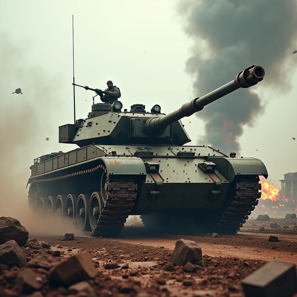 Armored Tank, A tough war, cinematic still, dynamic movement, surreal, game scene, (best quality, masterpiece, photorealistic), very aesthetic, perfect composition, intricate details, ultra-detailed, vivid colors