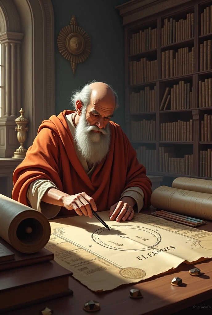 Euclid teaching geometry in an ancient library, surrounded by scrolls and geometric shapes. He’s holding a compass, drawing a perfect circle on a parchment, with 'Elements' written on one of the scrolls nearby."