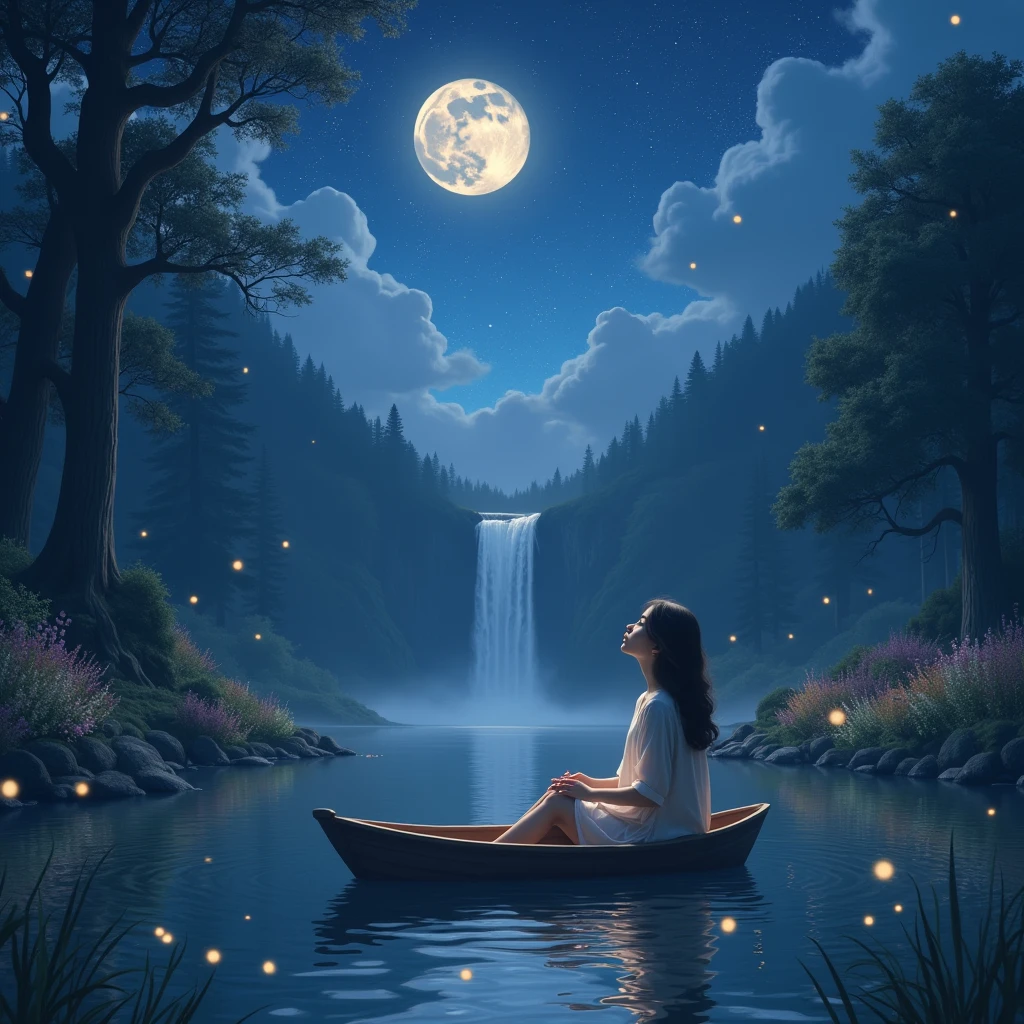 A beautiful girl was watching stars in the dark sky filled with moonlight. It was a dark forest with tall trees and flowers garden. She was on the boat in the lake. The light insect was shining beautiful . The water falls was falling from mountain