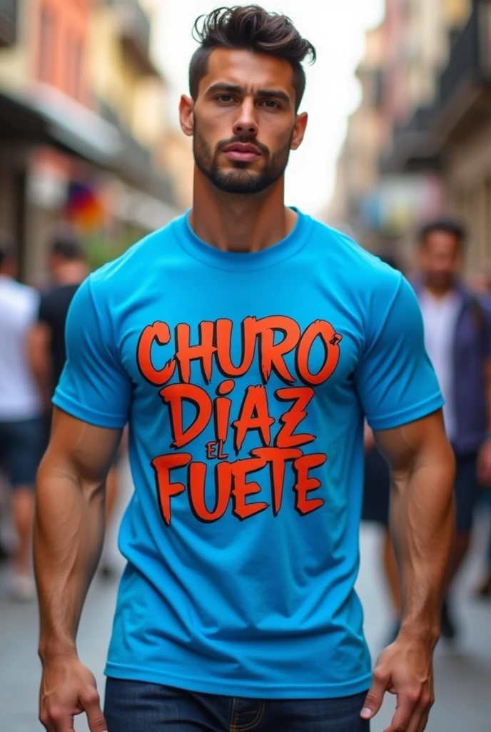 Blue shirt with a front that says Churo Díaz el Fuete 