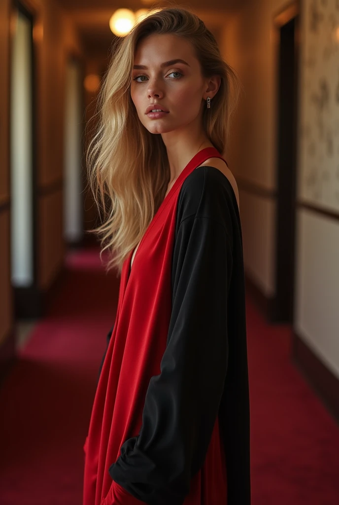 une femme de 20 ans aux cheveux cuivrés, peau blanche, yeux marrons fins , corps entier photographié dans le couloir d&#39;un hôtel luxueux  portant une longue, Robe rouge et noir moulante, Beaux yeux détaillés, belles lèvres détaillées, yeux et visage extrêmement détaillés, long cils, Haute qualité, 8k, hyperréaliste, Photoréaliste, Rendu basé sur la physique, Couleurs vives, éclairage de studio, détails complexes 1080p 4k
