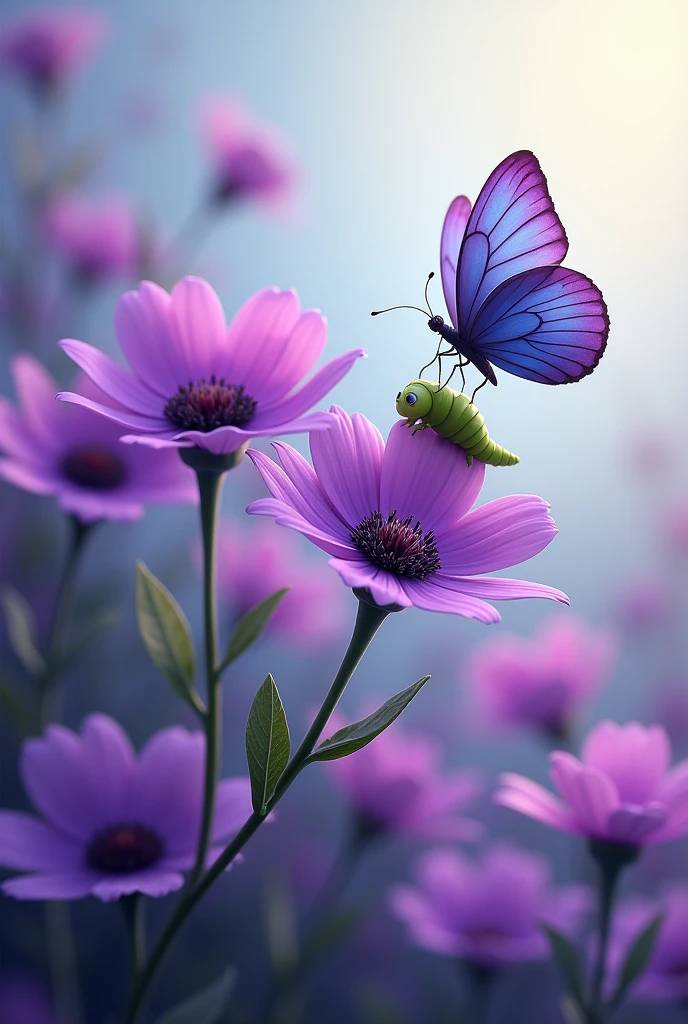 Purple flowers with a butterfly accompanied by a caterpillar