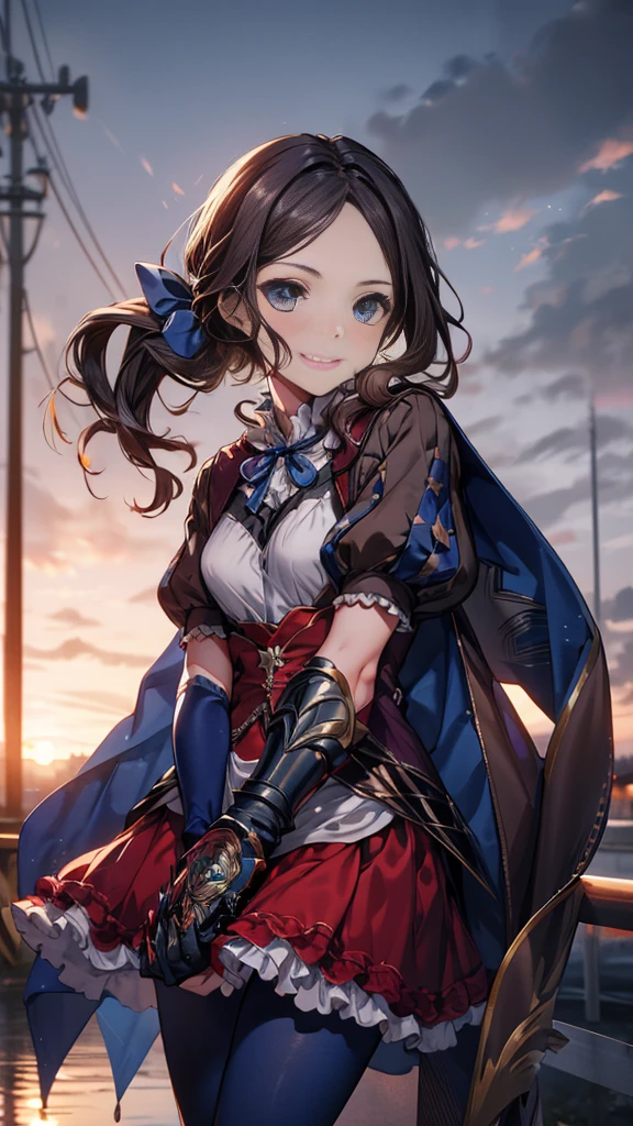 masterpiece, Highest quality, High resolution, Da Vinci, ponytail, Hair Ribbon, Parted bangs, Small breasts, Blue Ribbon, Single gauntlet, Cape, Red Skirt, Puff short sleeves, Blue gloves, Blue Pantyhose, Cowboy Shot, Are standing, Outdoor, smile,