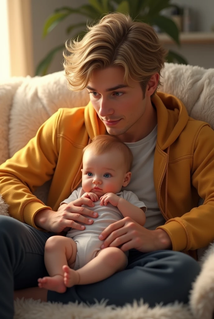 A handsome male with deep blue eyes, a round face, and dirty blonde hair. Dressed sporty. He is sitting on a couch with a cute baby on his lap. (Round face) make it realistic