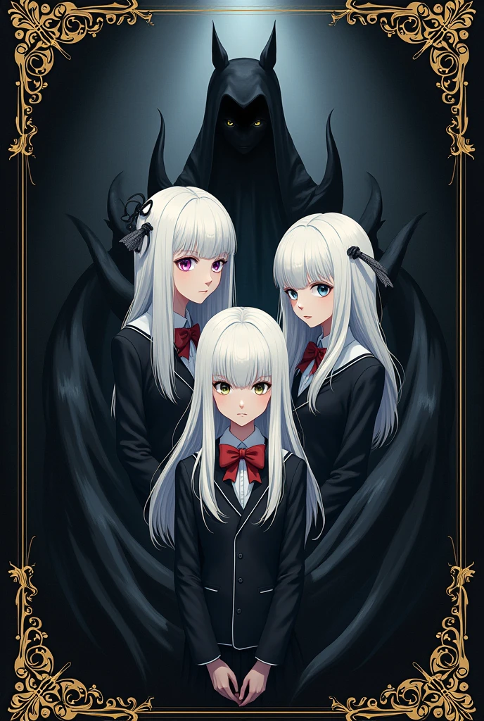 Make me a cover around it with a gold design, black background, "with humanoid black shadows around", three girls in the middle, agers in school uniform, all three with white hair, different hairstyles, A girl with a bow , mysterious atmosphere