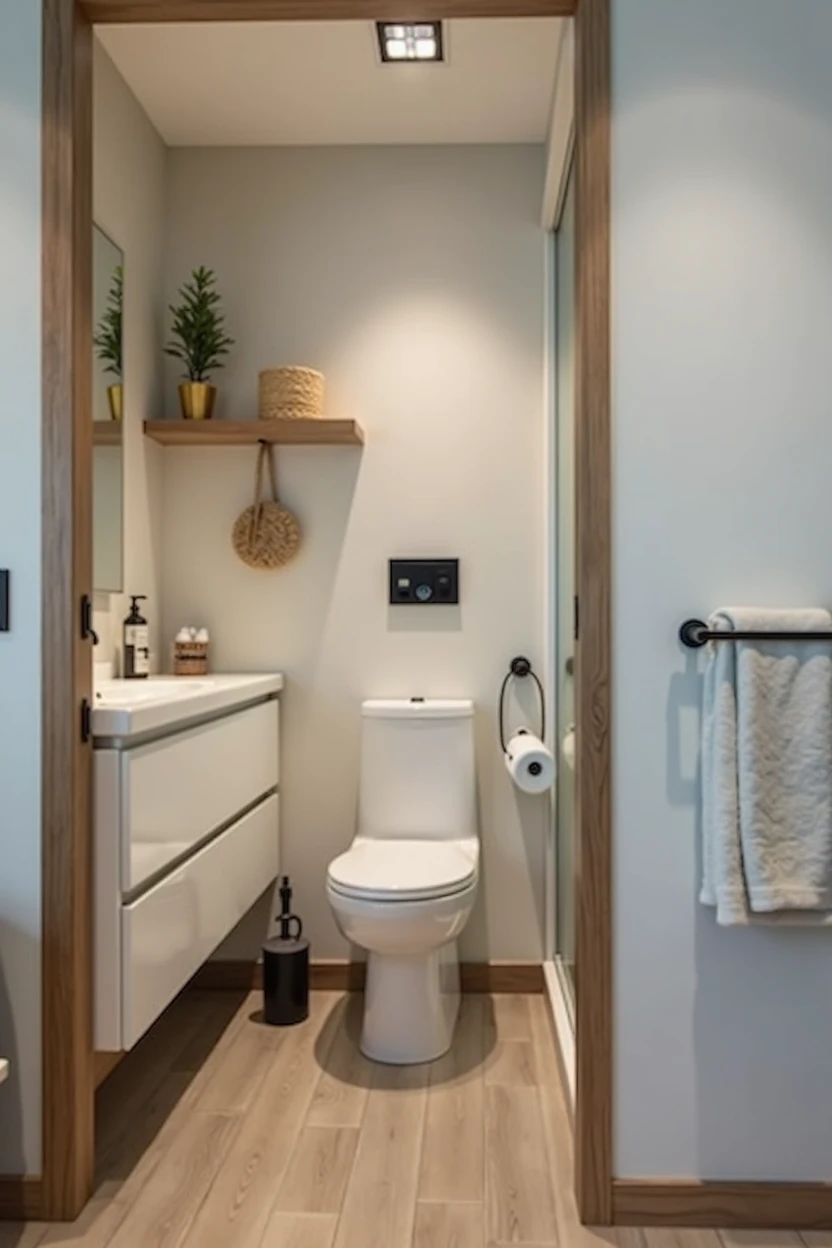 room in small space, with bathroom, shower and closet