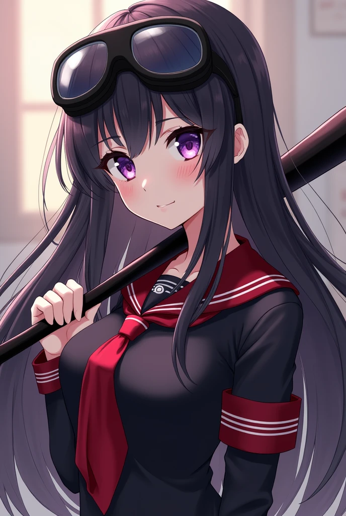 black long straight hair, bangs black red sailor school dress, fantasy, violet eye, semi anime, black goggle on head, baseball bat, fiest, badass