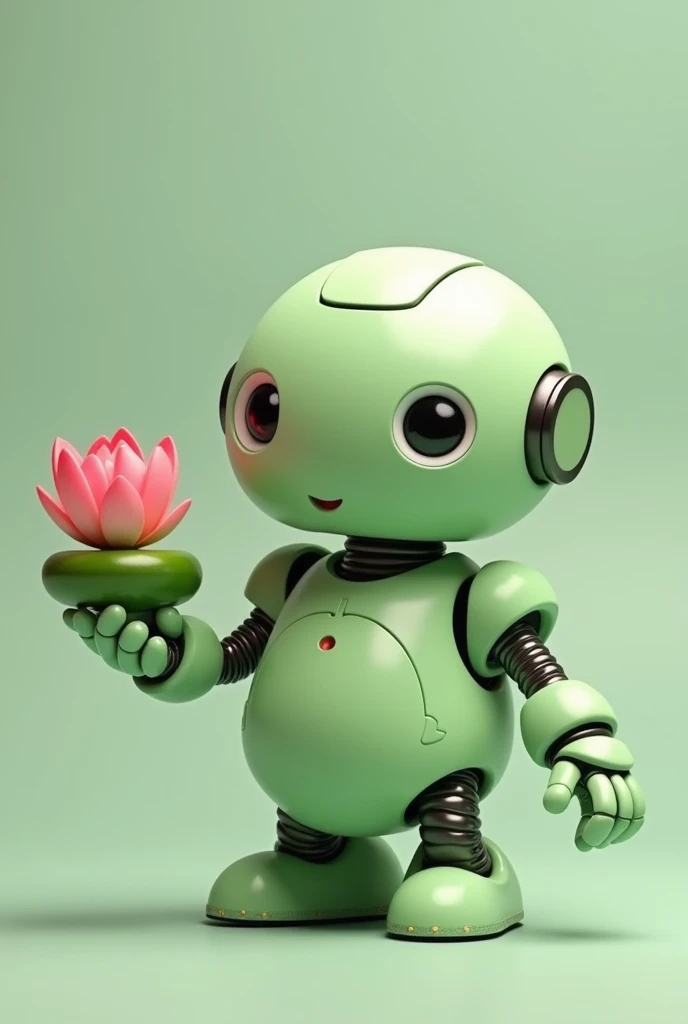 A friendly, chubby, light green robot showing a lotus flower in its open hand.