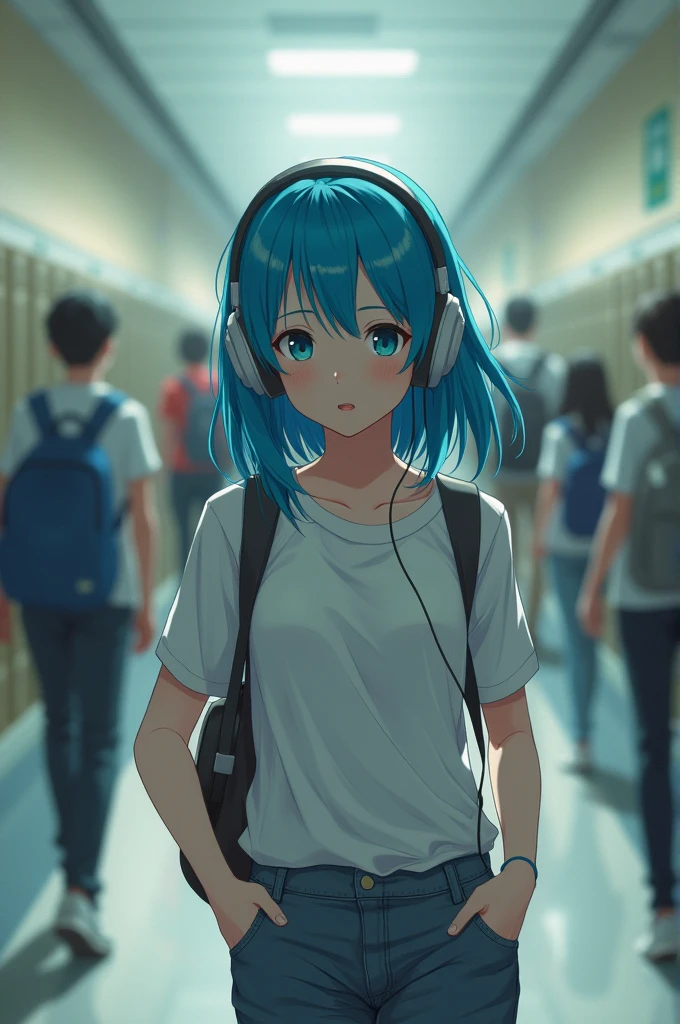 A 16-year-old girl with blue, medium-length hair, walking in the school hallway listening to music 