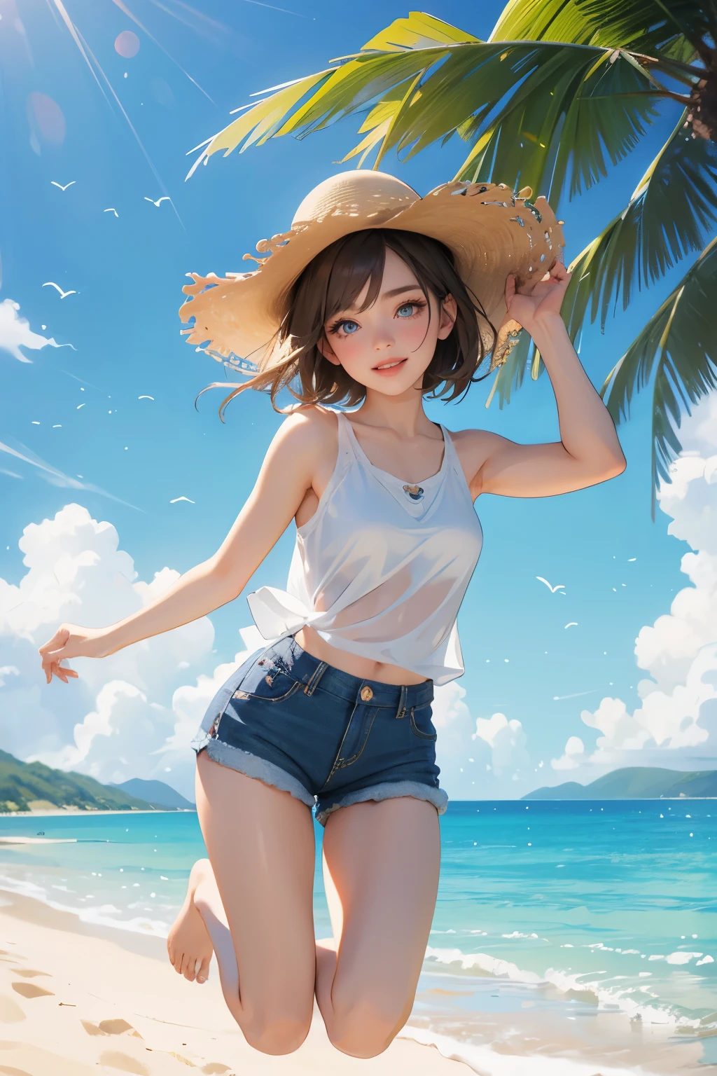 (Highest quality、masterpiece、High resolution、8K)、Vibrant colors、1 Female、Young and beautiful woman、whole body、(Detailed face、Beautiful Eyes、Beautiful nose、Pretty lips)、Black and brown short bob、White tank top and shorts、barefoot、Jump High、Surprised Smile、Official Art、The background is the sea、blue sky、Wide sandy beach、Wide forest、White waves and sandy beach、White Entrance Cloud、