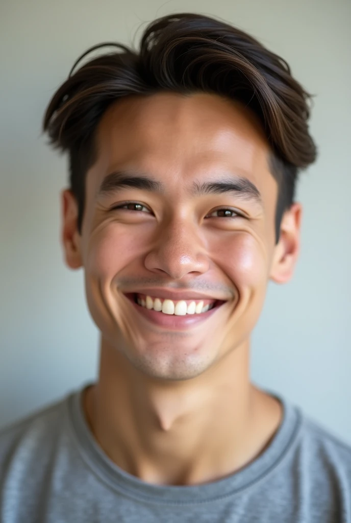 You have the face of a 20-year-old man., that is smiling, with a gray shirt, straight hair,