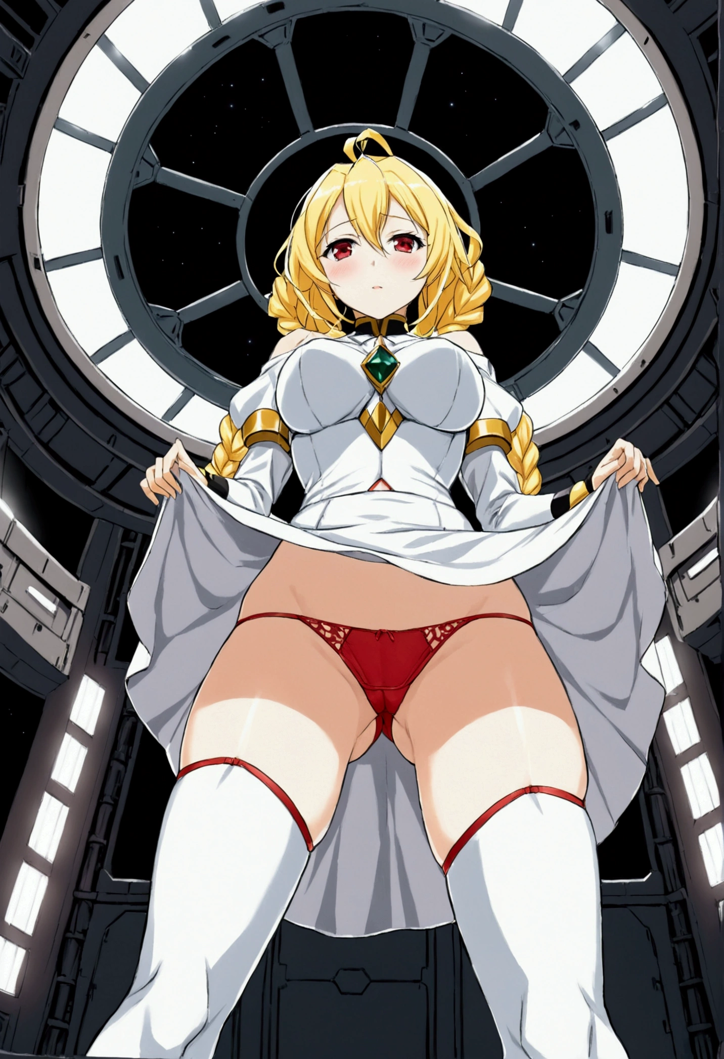 a beautiful detailed portrait of Kudelia Aina Bernstein from Gundam IBO, (Kudelia Aina Bernstein), (Whole body view:1.3), thigh length yellow hair in a single 5 strand braid, 1/4 contrapposto pose, viewing from slightly below, aroused facial expression, wearing white formal gown, dress lifted revealing tight white thigh high boots and a glimpse of red thong underneath, round hips, highly detailed, intricate details, cinematic lighting, spaceship hangar Bay interior