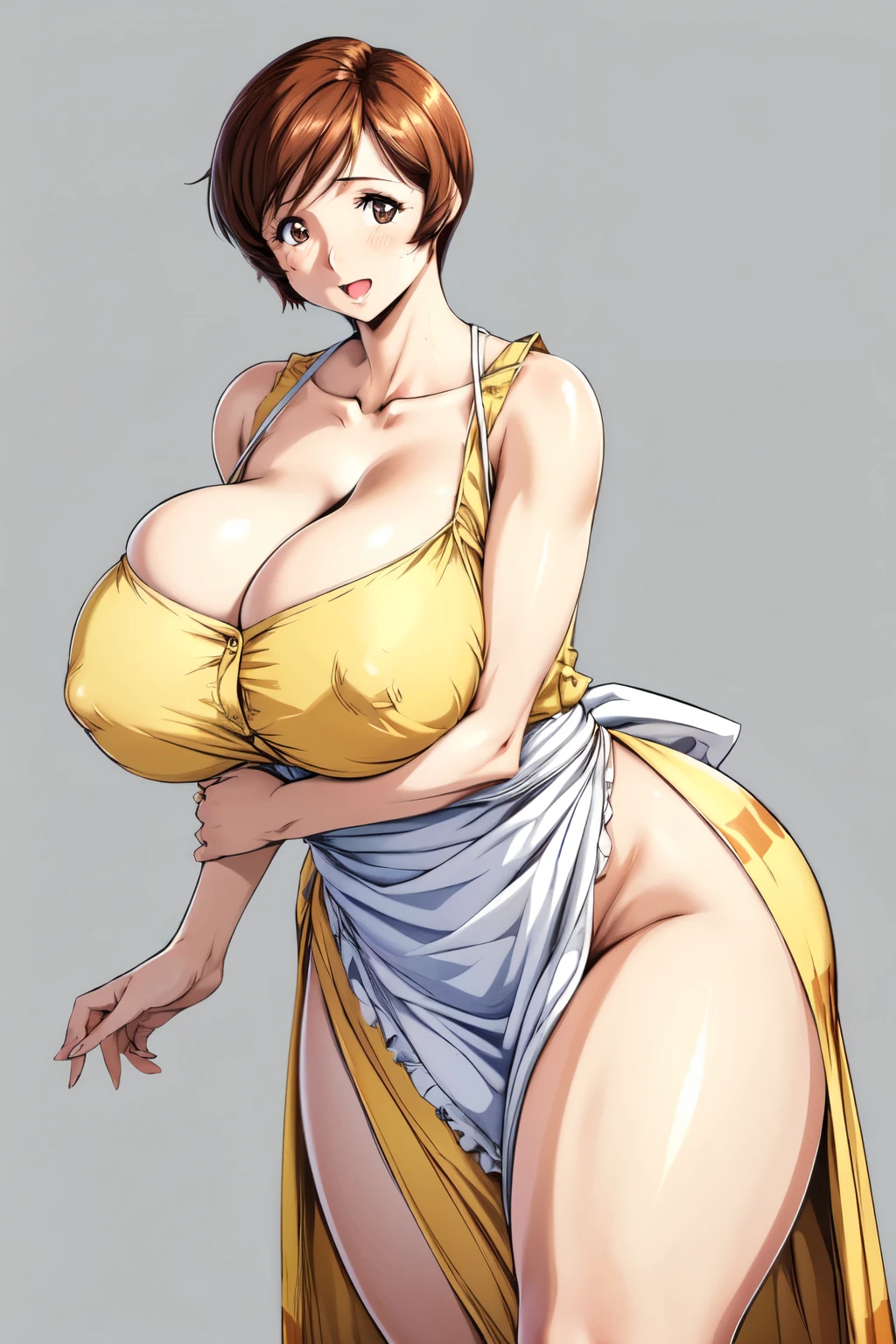 masterpiece, Highest quality, High resolution, One girl, alone, sexual intercourse, Pornographic images, short hair, etsukoto, Brown eyes, fine grain, fine grain, (white skin color), (((Thick thighs, Plump thighs, Voluptuous thighs, Thighs alone are enough))), ((Huge and enough breasts, Cleavage, Big long breasts)), Naughty big,((Big breasts are important))、((Naughty thighs)), L Cup, (thin:1.4),(Tight waist:1.4), (Yellow Dress:1.4), ((white waist apron)), White panties, (((Simple Background))), smile, Open your mouth, ((Wide Hips)), (Shiny skin, Oily skin), Mature mother, Calf, Seductive mature woman, Mature Woman, Perfect body, Plus Size Model, Curvy, enough, etsukoto, blush, clavicle, retro artstyle, 1990s (style), (Thick thighs:1.4), (from side:0.9), [standing], spread legs, bare legs,