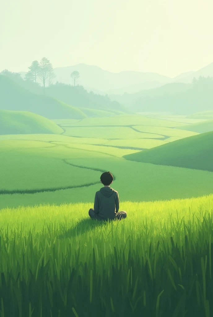 Sitting lost in thought, gazing at the rice fields