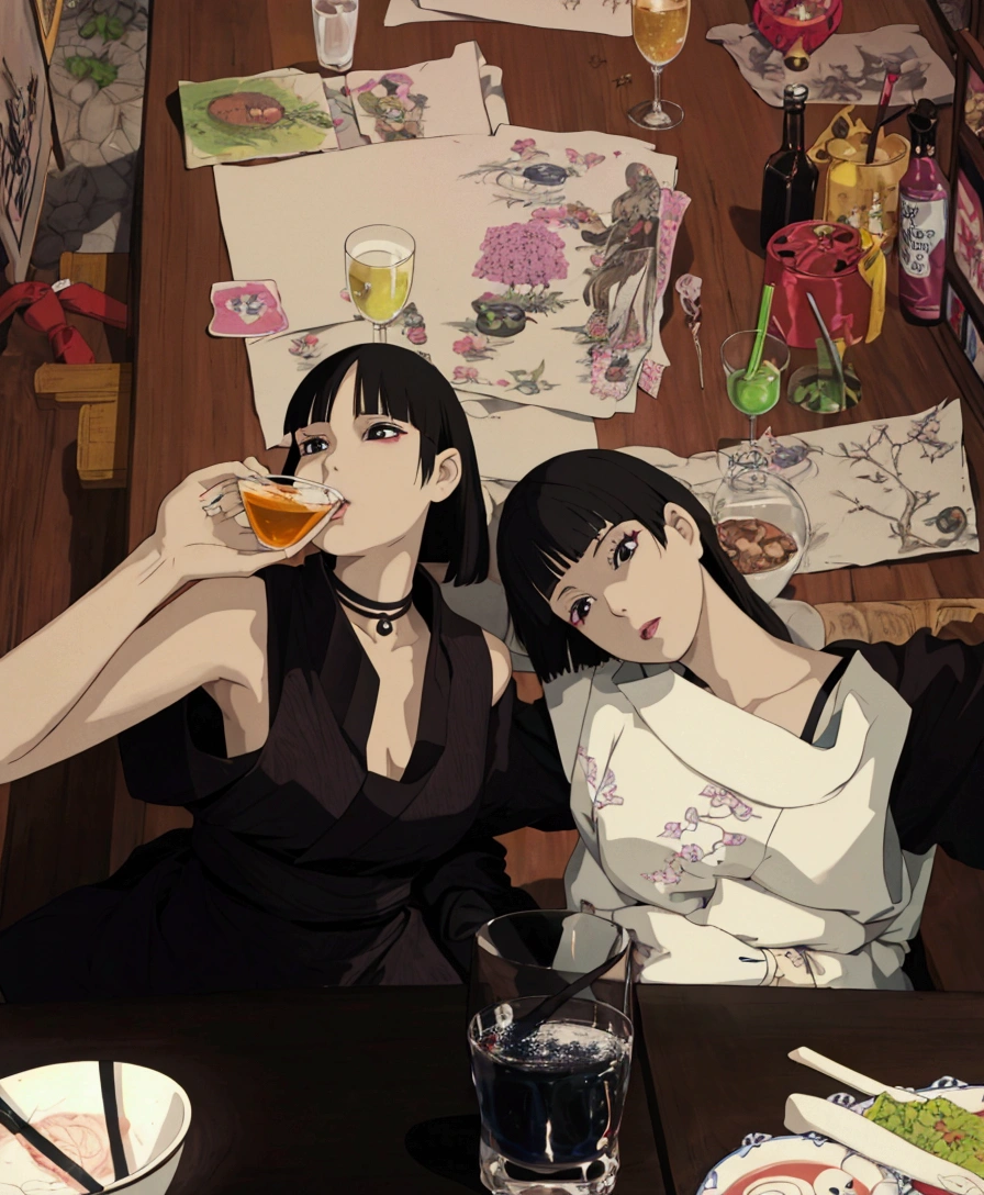 ghibli style, two women sitting at a table with plates of food and drinks, ulzzang, pixivs and junji ito, the hime cut, she has black hair with bangs, goth girl aesthetic, nixeu and sakimichan, russian and japanese mix, with black, trending at cgstation, with a drink, inspired by Wang Duo